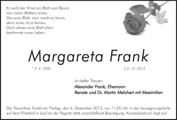 Traueranzeige von Margareta Frank von Pegnitz-Zeitung